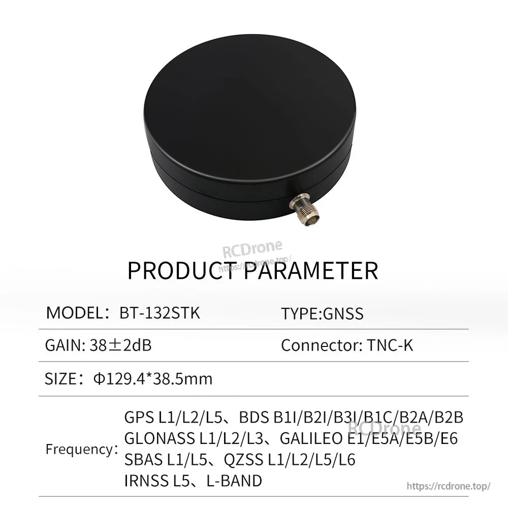 BT-132STK product parameter table with gain 38±2 dB, size 129.4×38.5 mm, TNC-K connector
