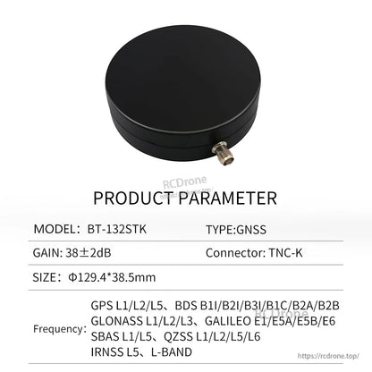 BT-132STK product parameter table with gain 38±2 dB, size 129.4×38.5 mm, TNC-K connector