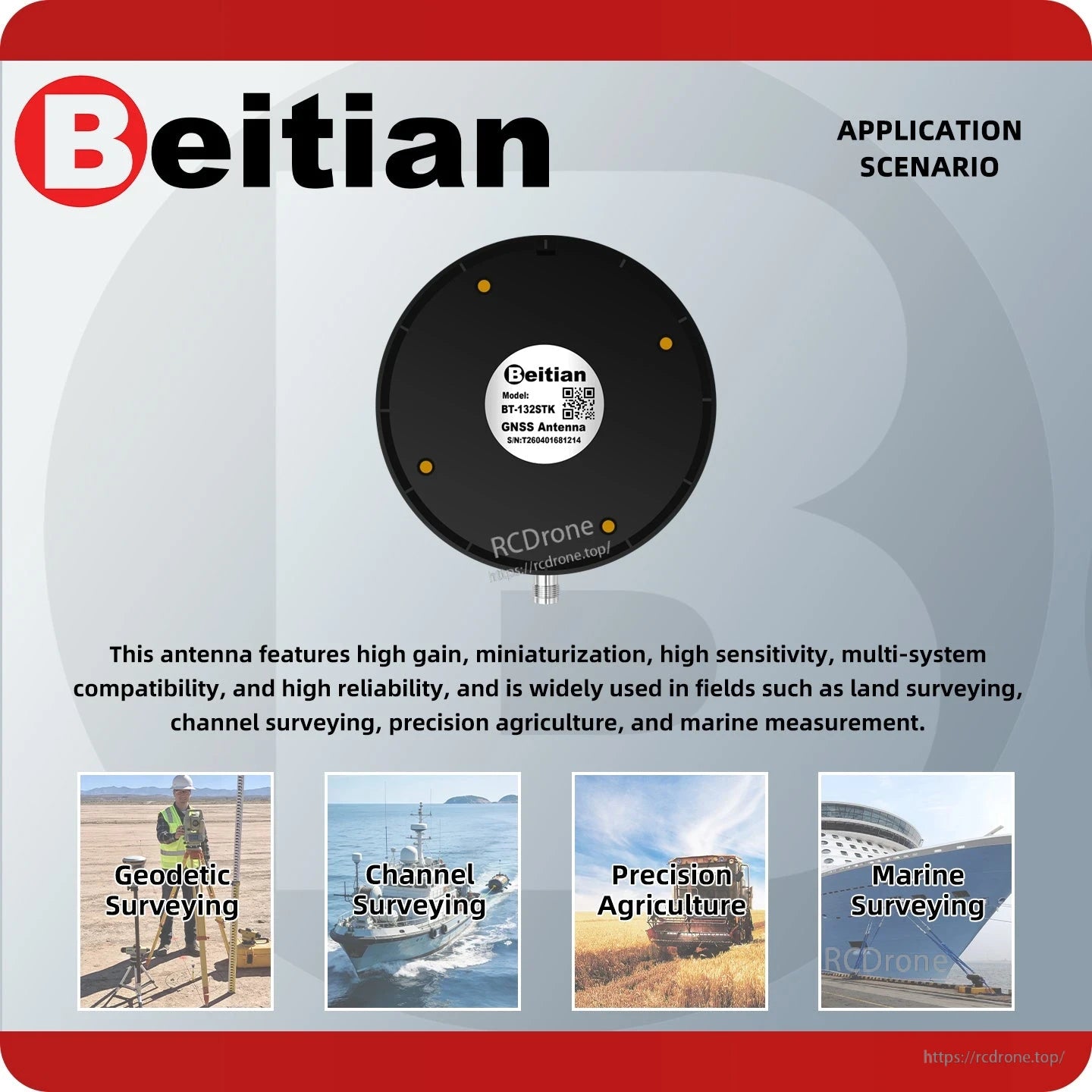 Bottom view with Beitian label and application scenarios for surveying, precision agriculture and marine use