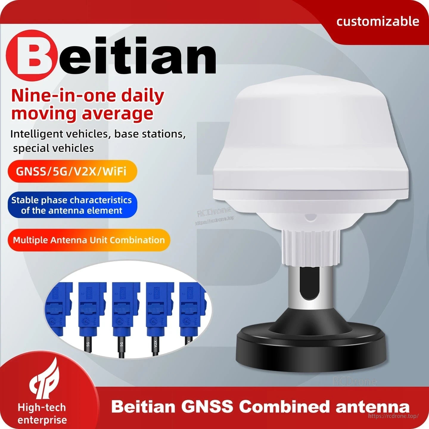 Beitian BT-158 Nine-in-One GNSS Antenna promo graphic showing GNSS/5G/V2X/WiFi and connectors