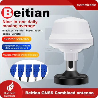 Beitian BT-158 Nine-in-One GNSS Antenna promo graphic showing GNSS/5G/V2X/WiFi and connectors