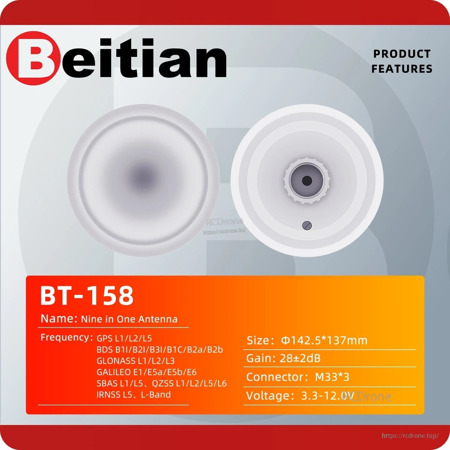 BT-158 product features and specifications graphic with dimensions, gain, connector type, and voltage