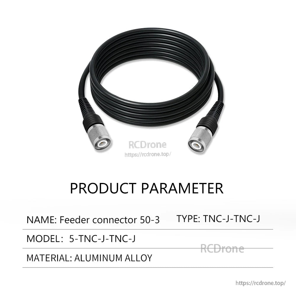 TNC-J to TNC-J feeder cable (50-3) shown coiled with both connector ends and model info