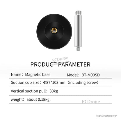Magnetic base BT-M90SD parameter sheet with suction cup size, pull rating and weight listed