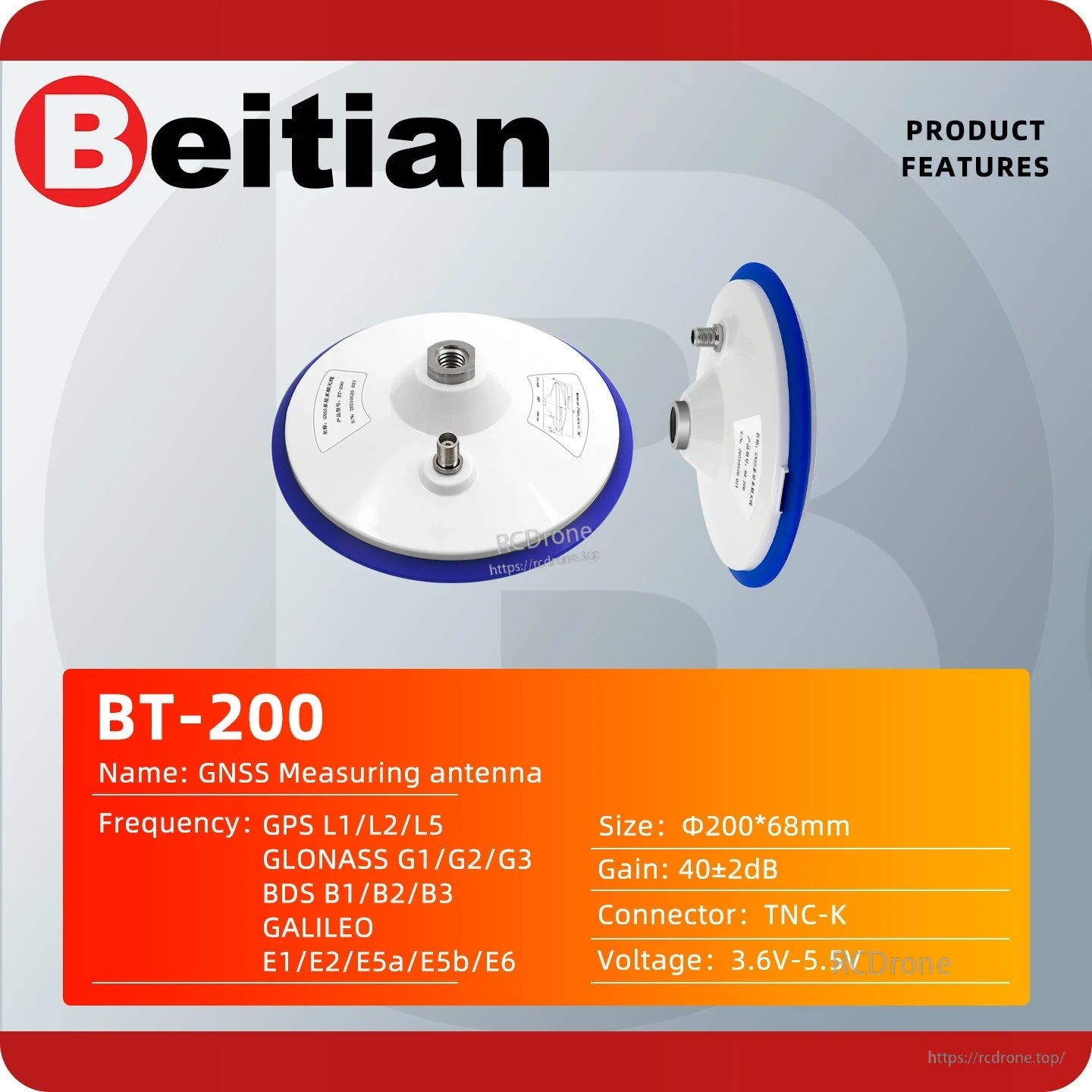 BT-200 GNSS measuring antenna features chart with supported GNSS bands and TNC-K connector listed