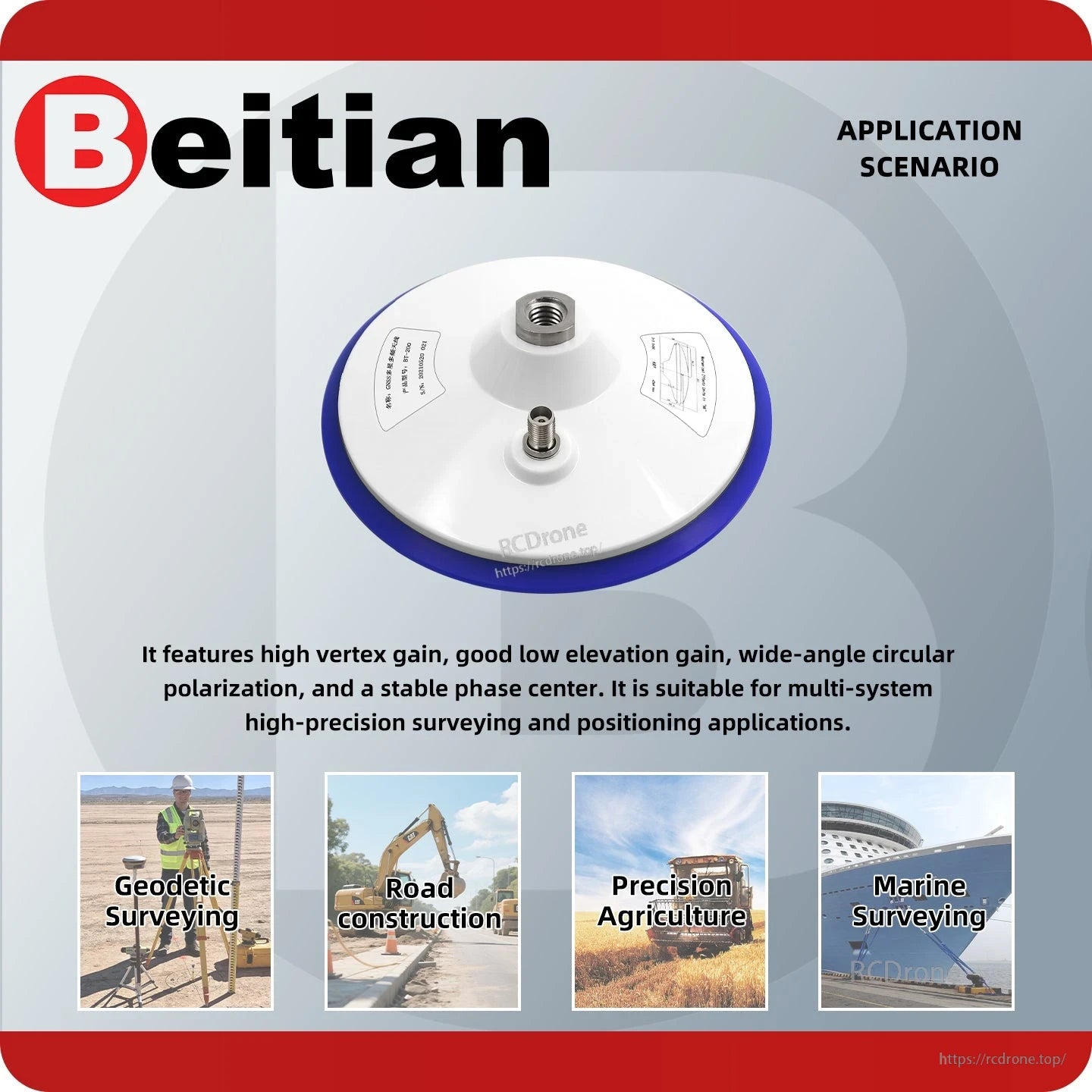 BT-200 antenna application scenario graphic for surveying, road construction, precision agriculture and marine use