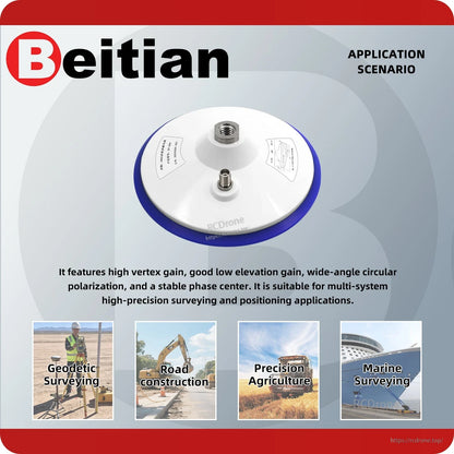 BT-200 antenna application scenario graphic for surveying, road construction, precision agriculture and marine use