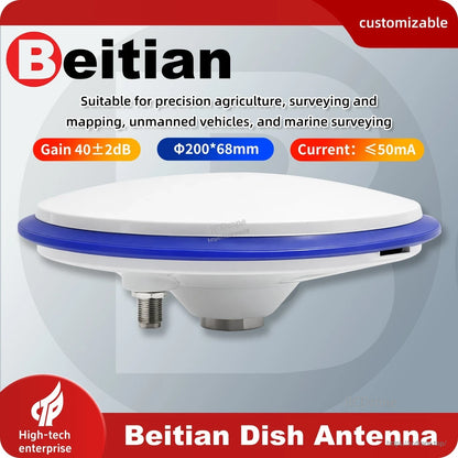 Beitian BT-200 full-frequency GNSS survey antenna overview graphic showing size, gain and current callouts