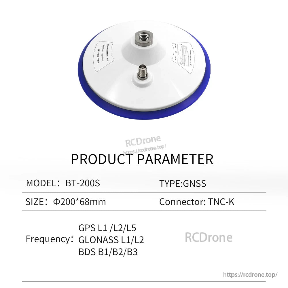 BT-200S product parameter table showing model, size, connector type, and supported GNSS bands