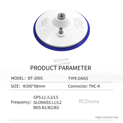 BT-200S product parameter table showing model, size, connector type, and supported GNSS bands