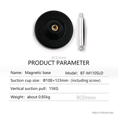 Magnetic base BT-M110SLD parameter table with suction cup size, pull strength, and weight