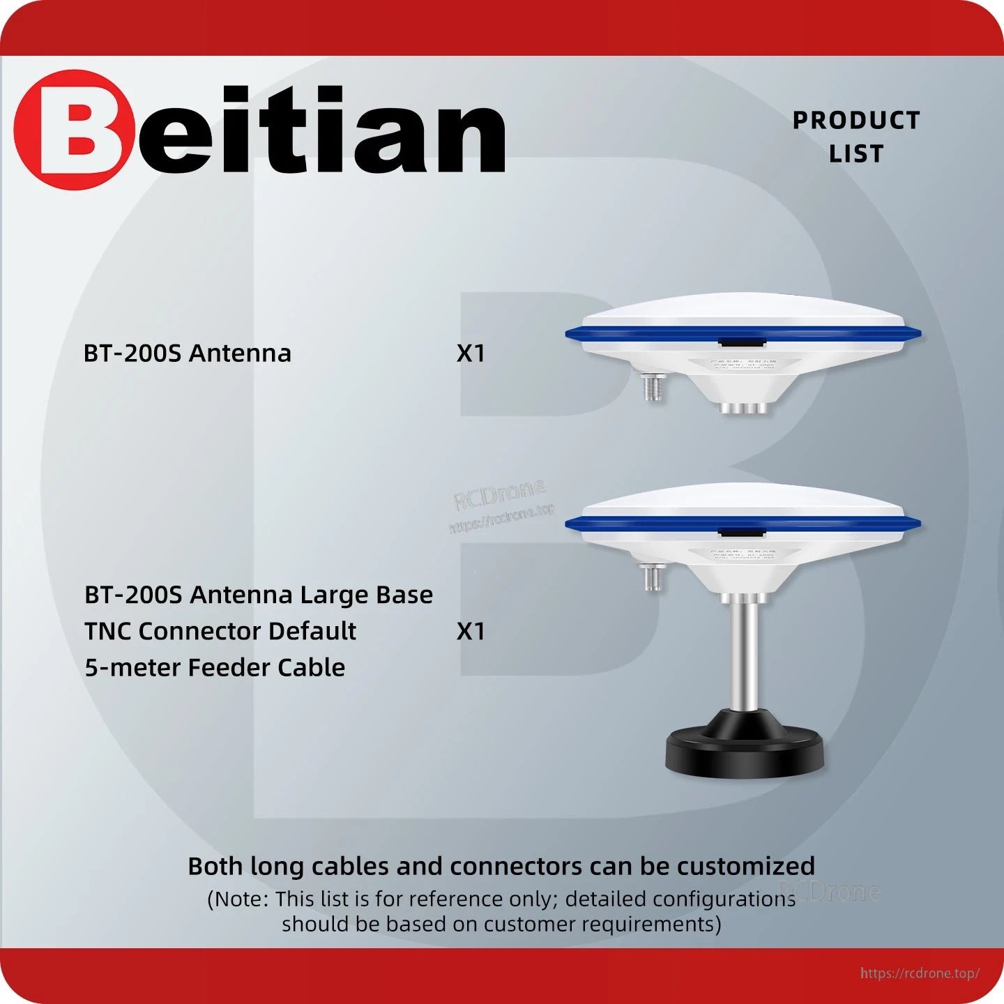 Package contents list graphic showing BT-200S antenna and large base with TNC connector default cable