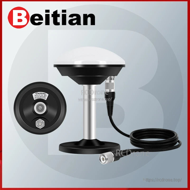 GNSS antenna on magnetic pole mount base with coiled cable and connector shown on gray background