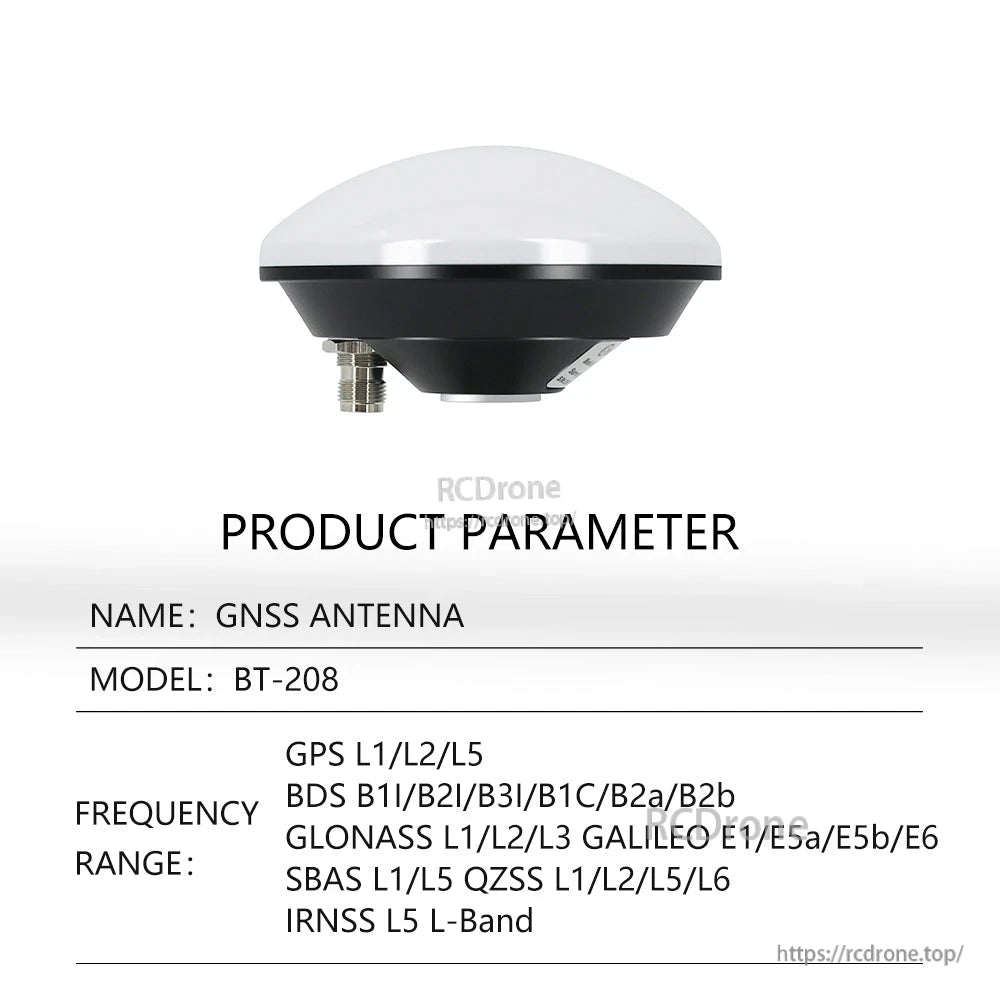 BT-208 GNSS antenna product parameter table with supported frequency bands for GPS, BDS, GLONASS