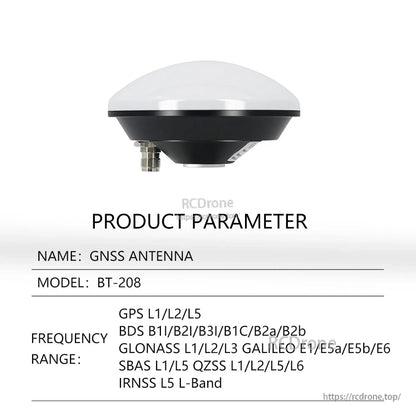 BT-208 GNSS antenna product parameter table with supported frequency bands for GPS, BDS, GLONASS
