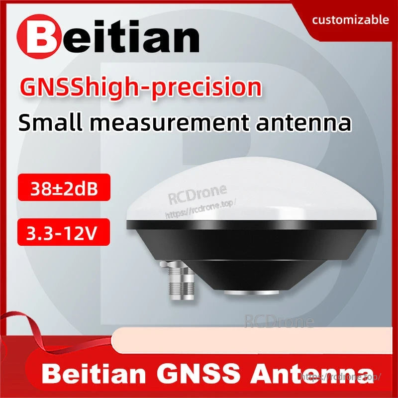 Beitian GNSS high-precision small measurement antenna graphic showing 38±2 dB and 3.3–12 V