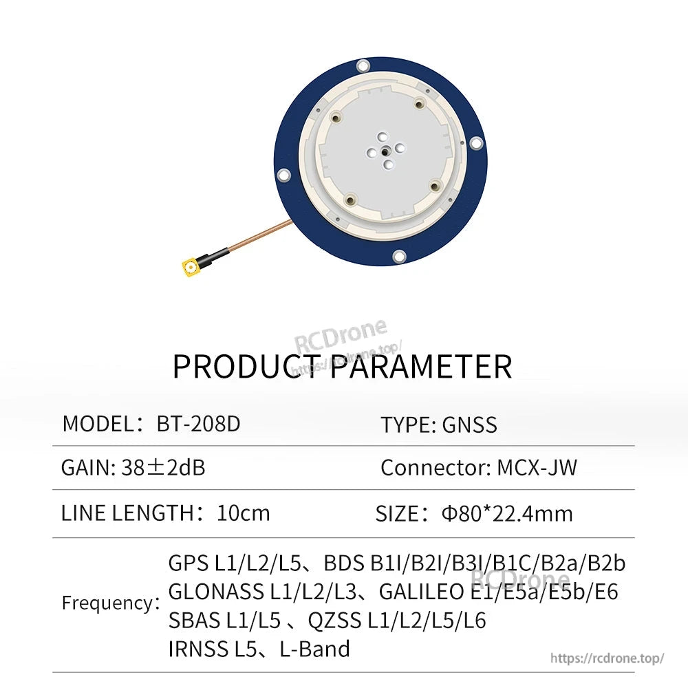 Product parameter table for BT-208D GNSS antenna listing gain, connector type, size, line length, frequency