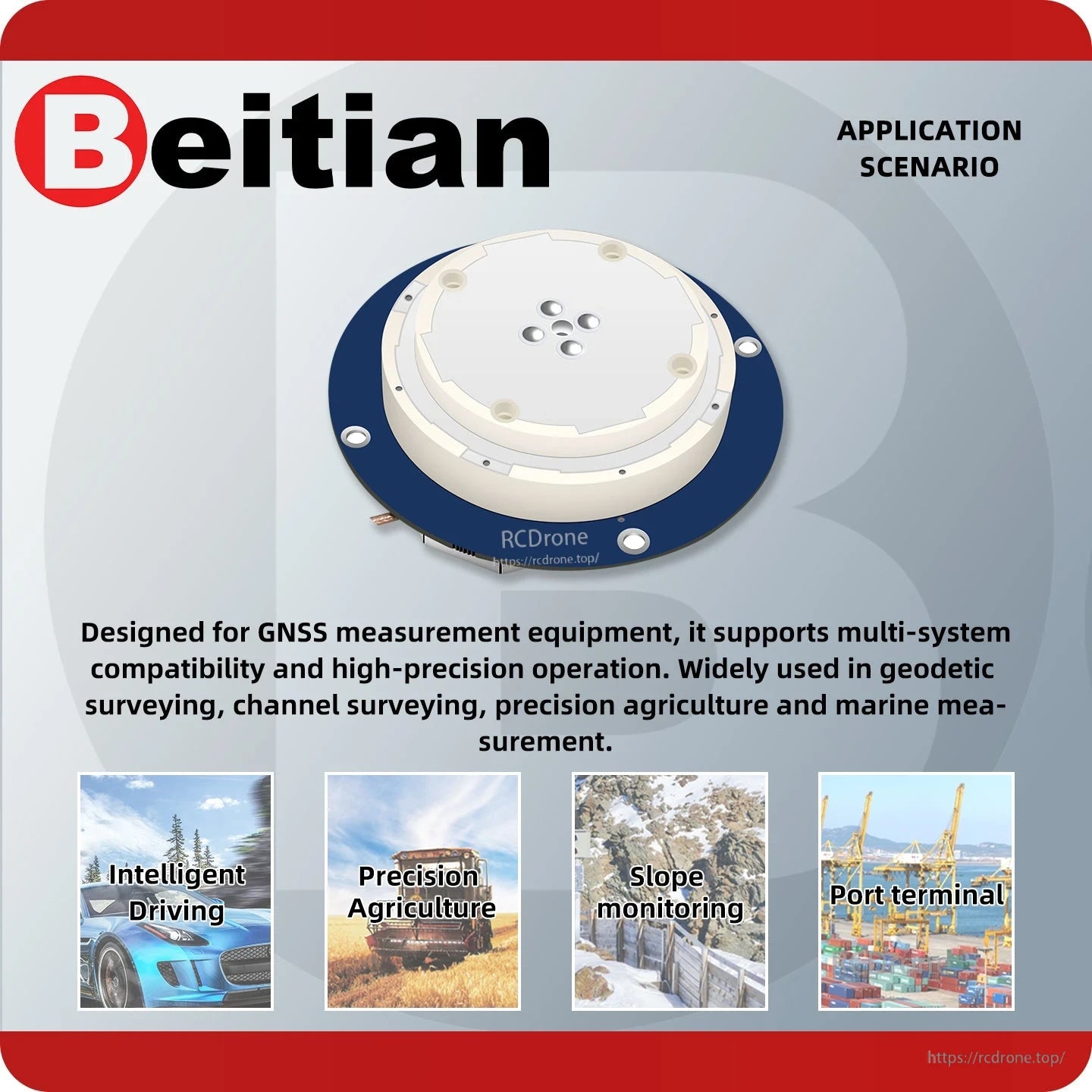 GNSS antenna application scenario graphic for intelligent driving, precision agriculture, slope monitoring