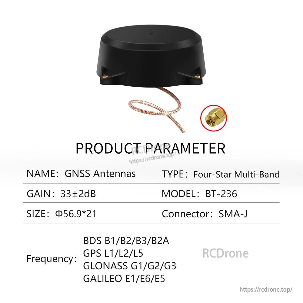 Product parameter chart for BT-236 GNSS antenna showing gain, size, connector type and bands