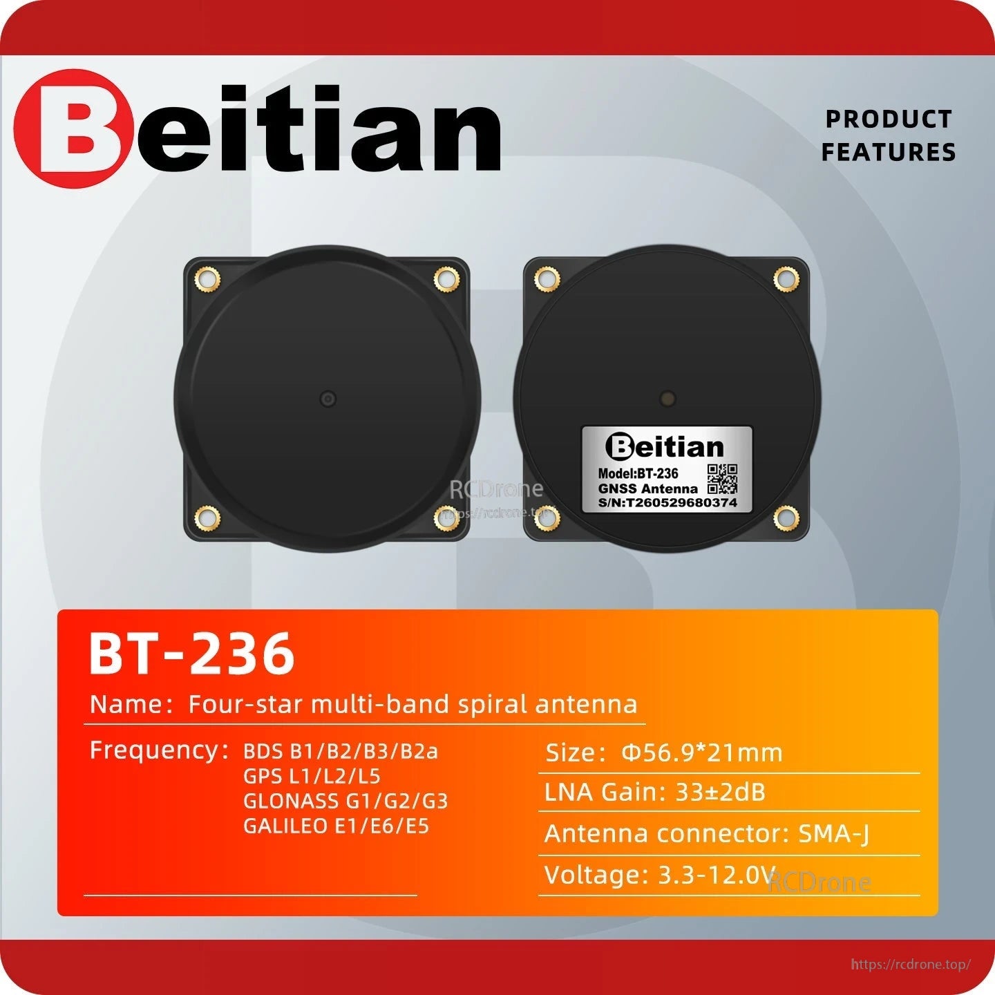 Beitian BT-236 RTK GNSS Quadrifilar Helix Antenna top and bottom views with size and frequency list