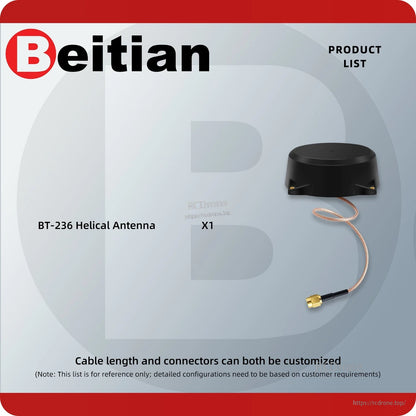 Package contents list showing BT-236 helical antenna x1 with attached cable and connector