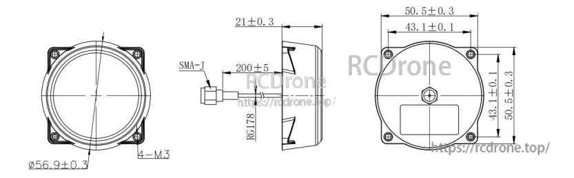 Beitian BT-236 RTK GNSS quadrifilar helix antenna mechanical drawing with dimensions, SMA-J and 4×M3 mount