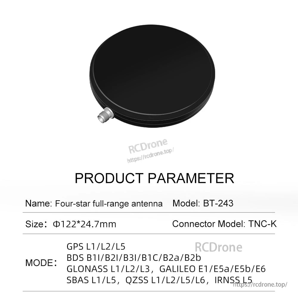 BT-243 product parameter label listing size Φ122×24.7 mm, TNC-K connector model and supported GNSS bands