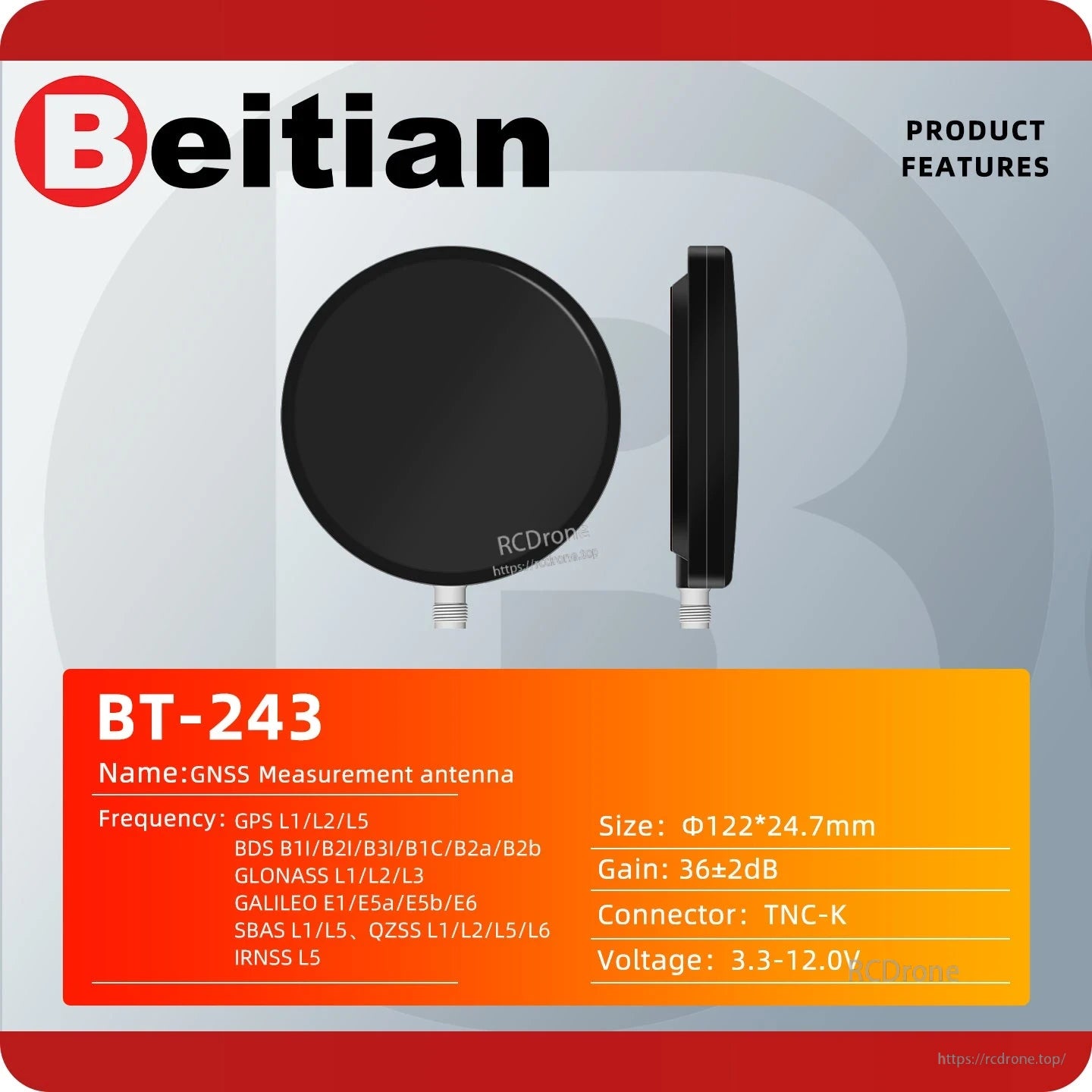 BT-243 GNSS measurement antenna feature chart with size Φ122×24.7 mm, TNC-K connector and voltage 3.3–12V