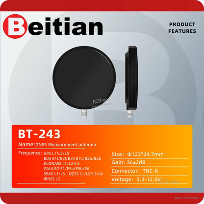 BT-243 GNSS measurement antenna feature chart with size Φ122×24.7 mm, TNC-K connector and voltage 3.3–12V