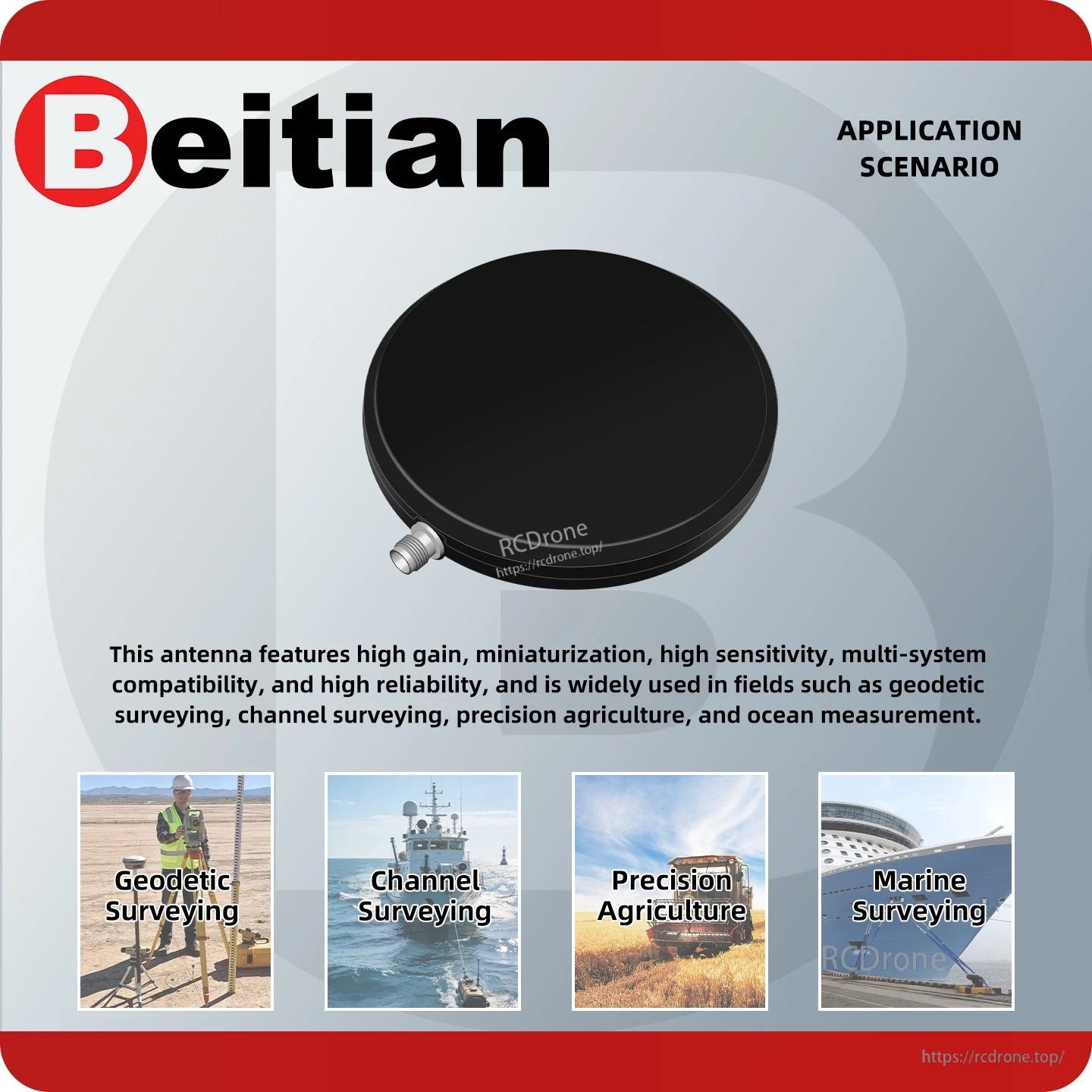 BT-243 antenna application scenario graphic for geodetic surveying, channel surveying, precision agriculture and marine surveying