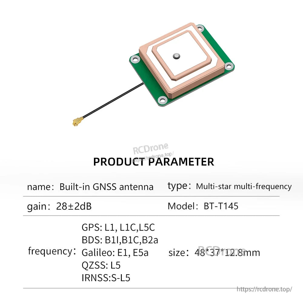 Product parameter sheet for model BT-T145 GNSS antenna, 28±2dB gain, with small IPEX plug lead