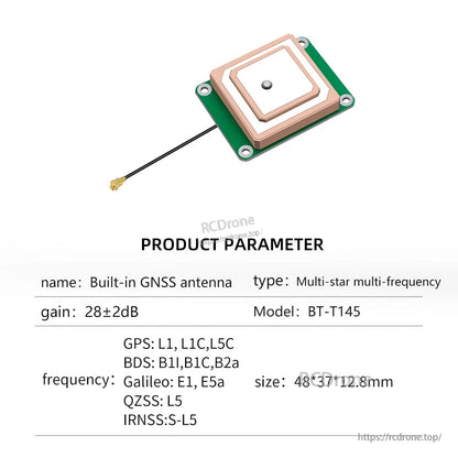 Product parameter sheet for model BT-T145 GNSS antenna, 28±2dB gain, with small IPEX plug lead