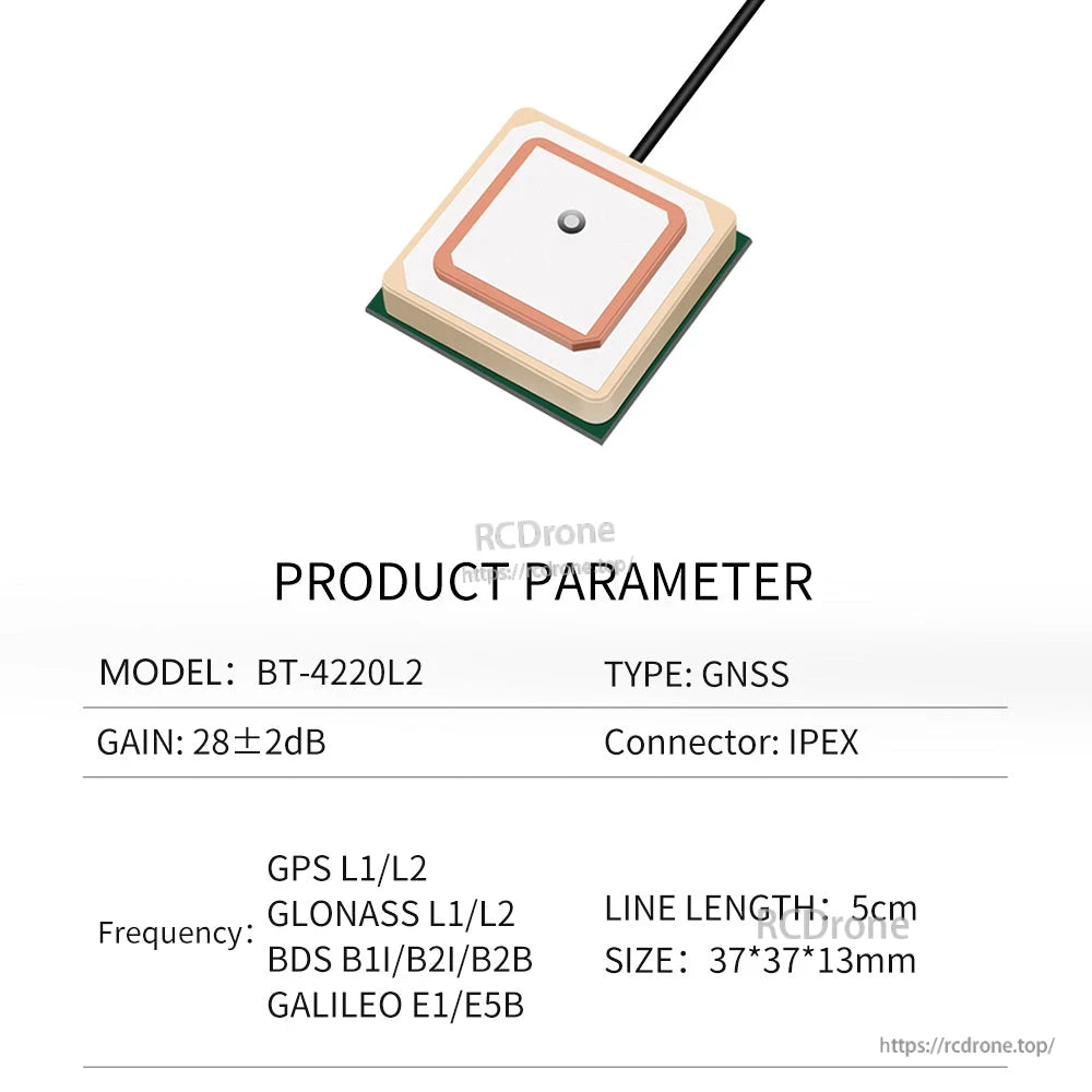 Product parameter sheet for model BT-4220L2 GNSS antenna, 28±2dB gain, IPEX, 5cm lead
