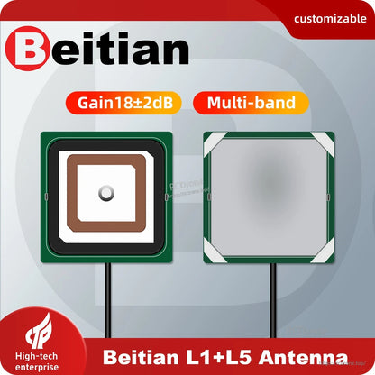 Beitian L1+L5 antenna graphic showing top and bottom views, gain 18±2dB and multi-band
