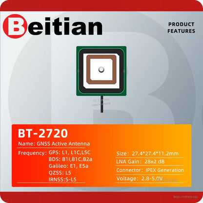 Beitian BT-2720 GNSS active antenna product features card with frequency systems and IPEX connector