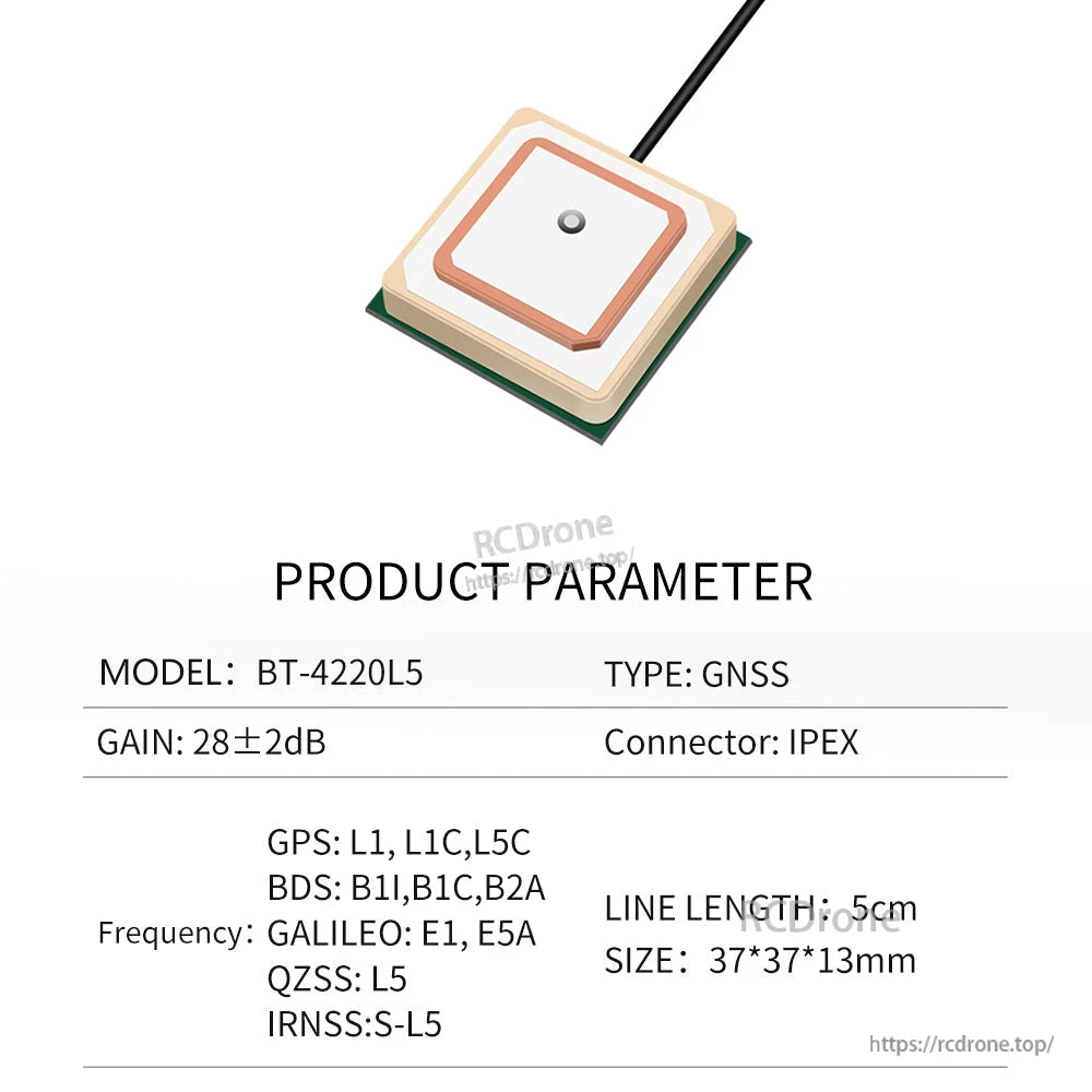Product parameter sheet for model BT-4220L5 GNSS antenna, 28±2dB gain, IPEX, 5cm lead