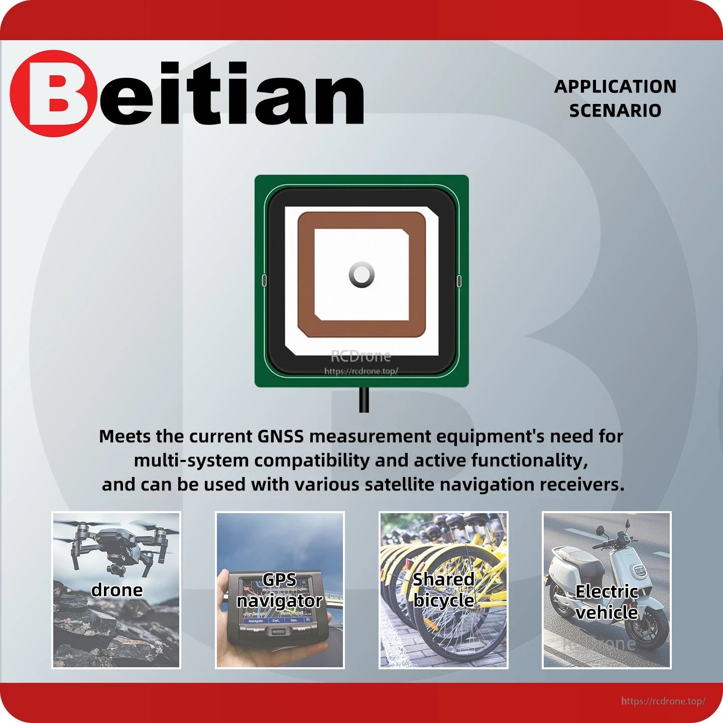 GNSS antenna application scenario graphic showing drone, GPS navigator, shared bicycle, electric vehicle
