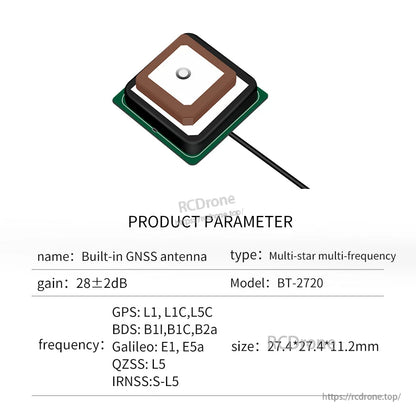 BT-2720 product parameter graphic: built-in GNSS antenna, 28±2dB gain, size 27.4×27.4×11.2mm