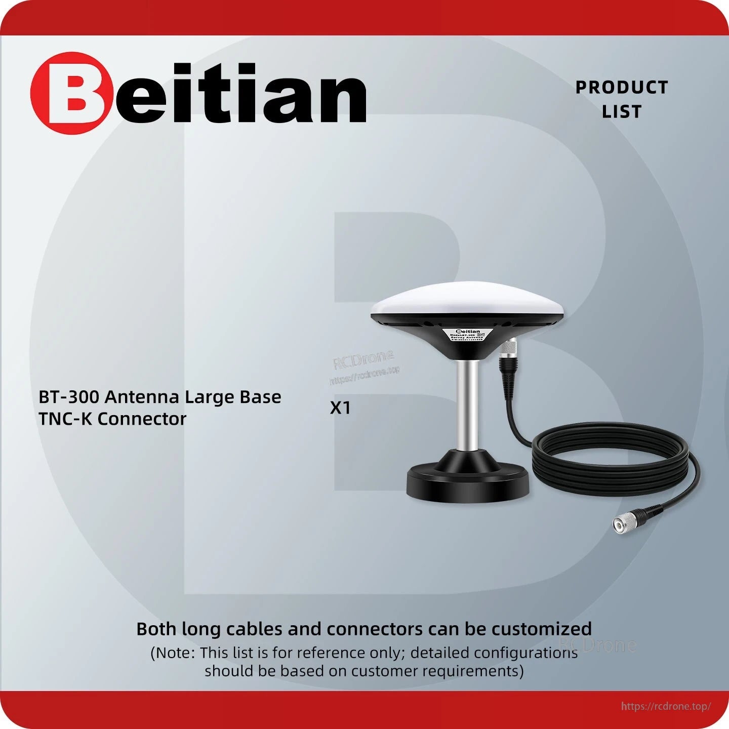 Package contents graphic: BT-300 antenna on large base with TNC-K connector and coax cable