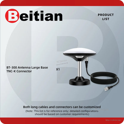 Package contents graphic: BT-300 antenna on large base with TNC-K connector and coax cable