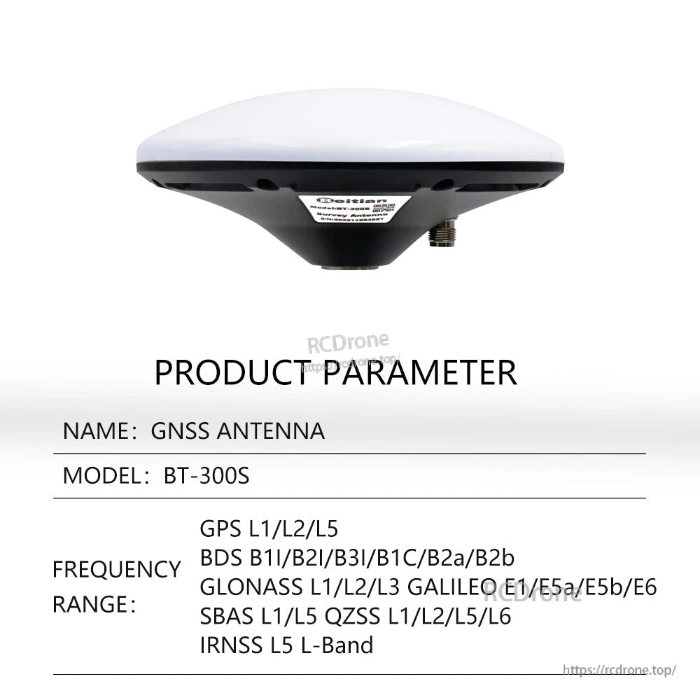 Product parameter table for GNSS antenna model BT-300S with supported GPS, BDS, GLONASS, Galileo bands