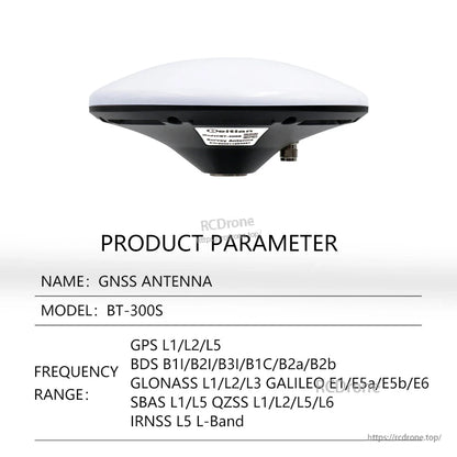 Product parameter table for GNSS antenna model BT-300S with supported GPS, BDS, GLONASS, Galileo bands
