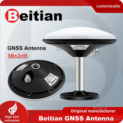 Beitian GNSS antenna promo graphic showing antenna on base and 38±2 dB gain text