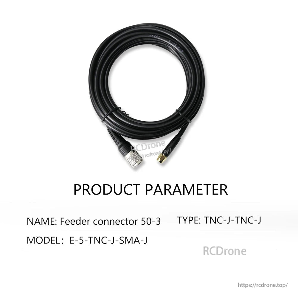 Feeder cable close view showing TNC-J and SMA-J ends, model E-5-TNC-J-SMA-J
