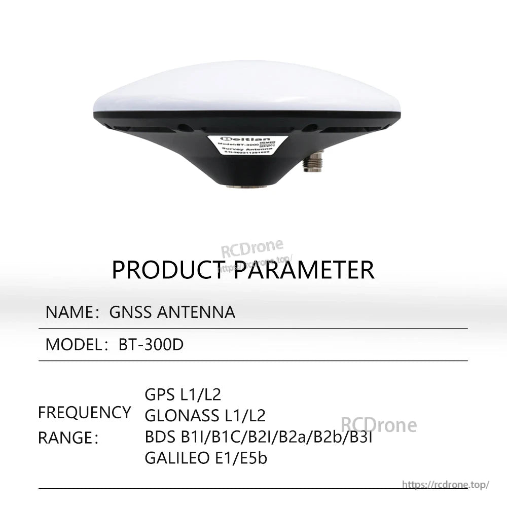 Product parameter table for GNSS antenna model BT-300D with GPS, BDS, GLONASS and Galileo frequency range