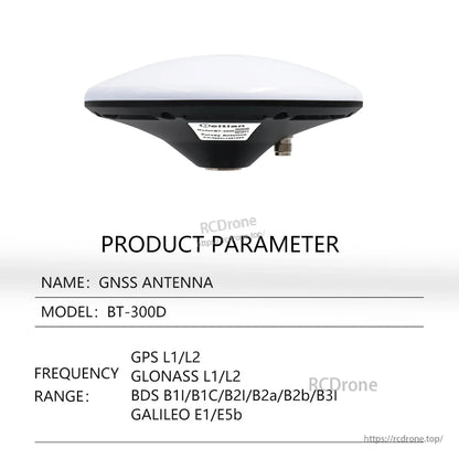 Product parameter table for GNSS antenna model BT-300D with GPS, BDS, GLONASS and Galileo frequency range