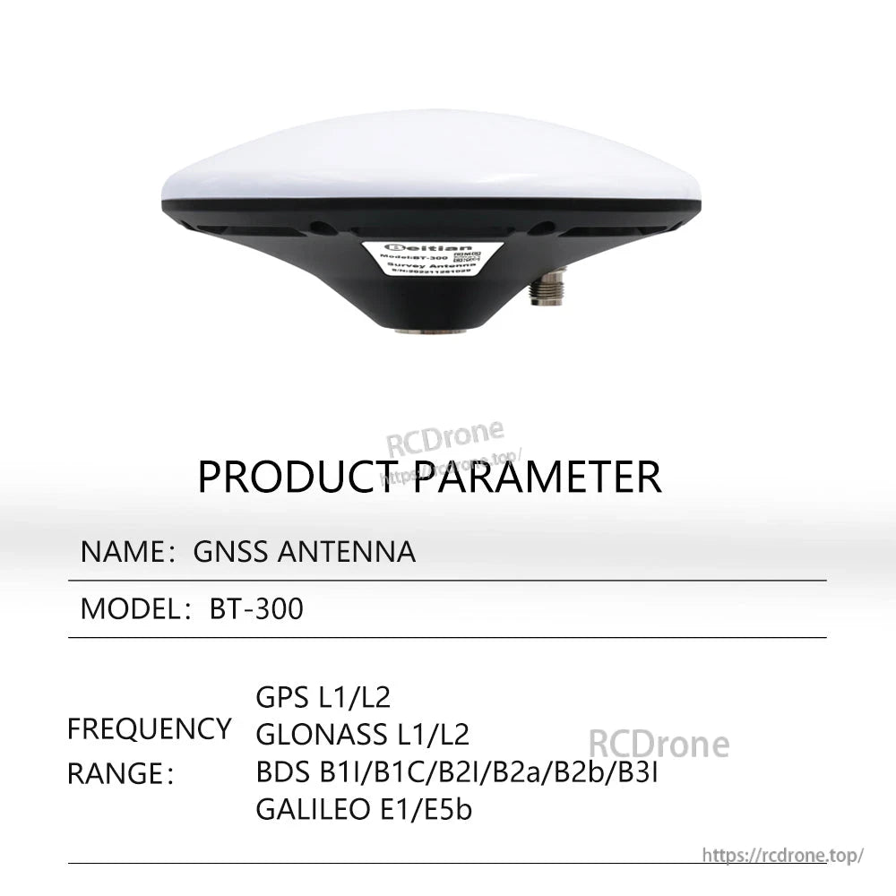 Product parameter table for GNSS antenna model BT-300 with GPS, BDS, GLONASS and Galileo frequency range