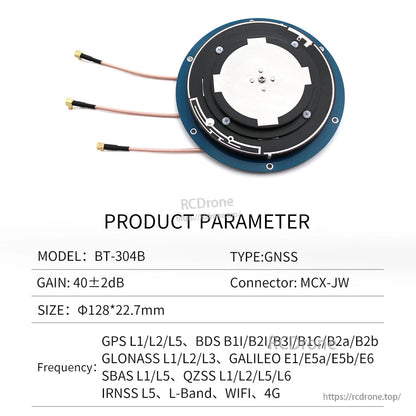 Beitian BT-304B antenna parameter sheet with three pigtails; lists gain, size and GNSS/WiFi/4G