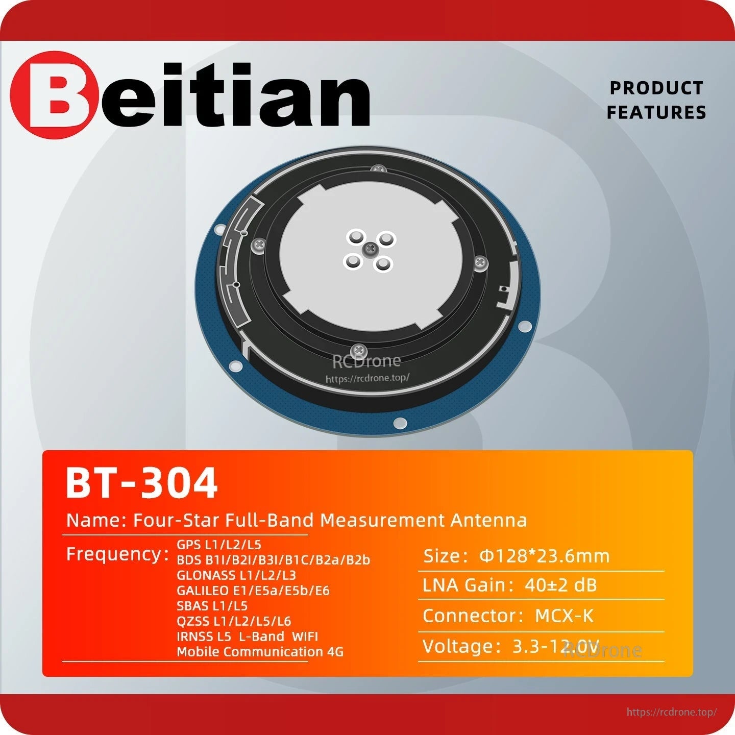 BT-304 product features chart with size, gain, voltage range and GNSS band list (as shown)