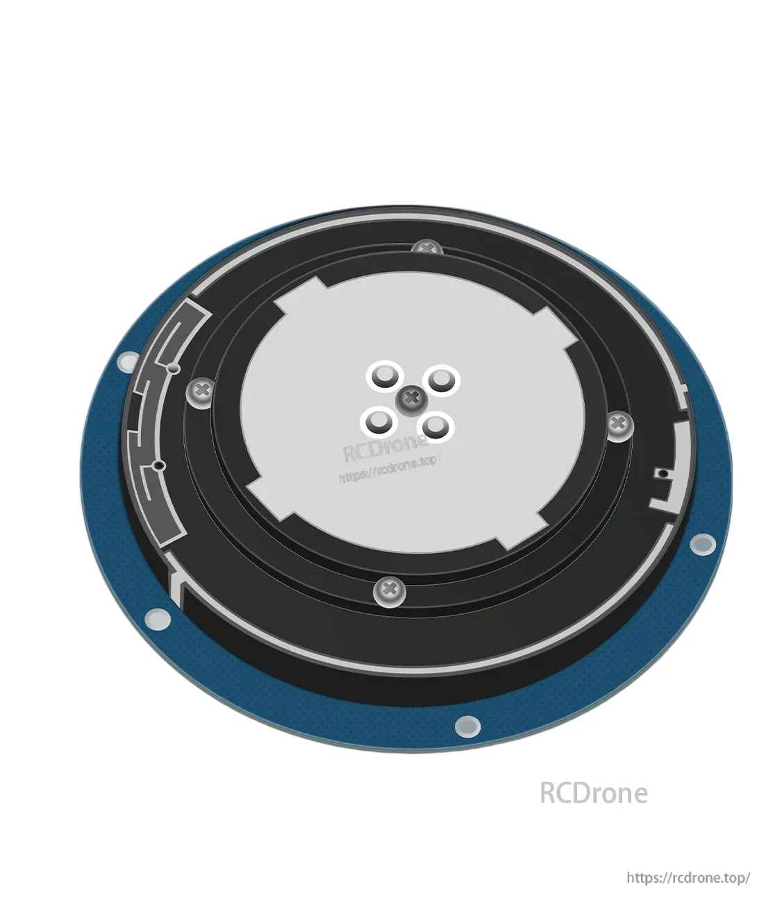 Close-up of antenna underside showing circular PCB pattern, screw points, and center pads